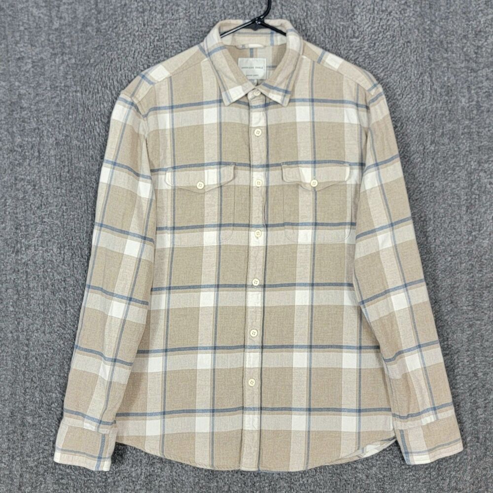 American Eagle Super Soft Flannel Shirt Mens M Tan & White Plaid Long Sleeve